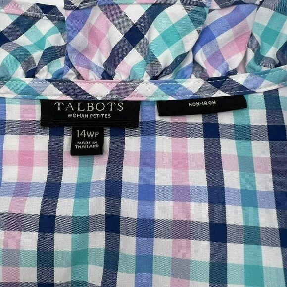 Talbots Size 14WP Multicolor Gingham Plaid 3/4 Sleeve Ruffle Neck Top Pullover - Picture 3 of 4